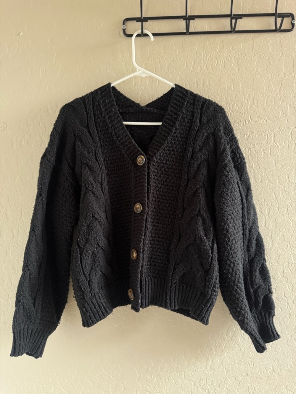 Classic Black Cable-Knit Button Front Women’s Sweater Cardigan